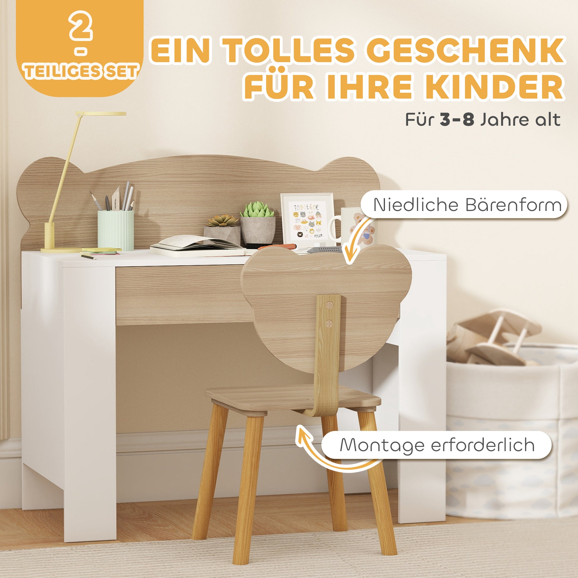 Children's Desk Set with Tabletop & Drawer Children's Desk and Chair with Bear Shape Student Desk Kids' Table Youth Desk for Boys & Girls Natural Wood