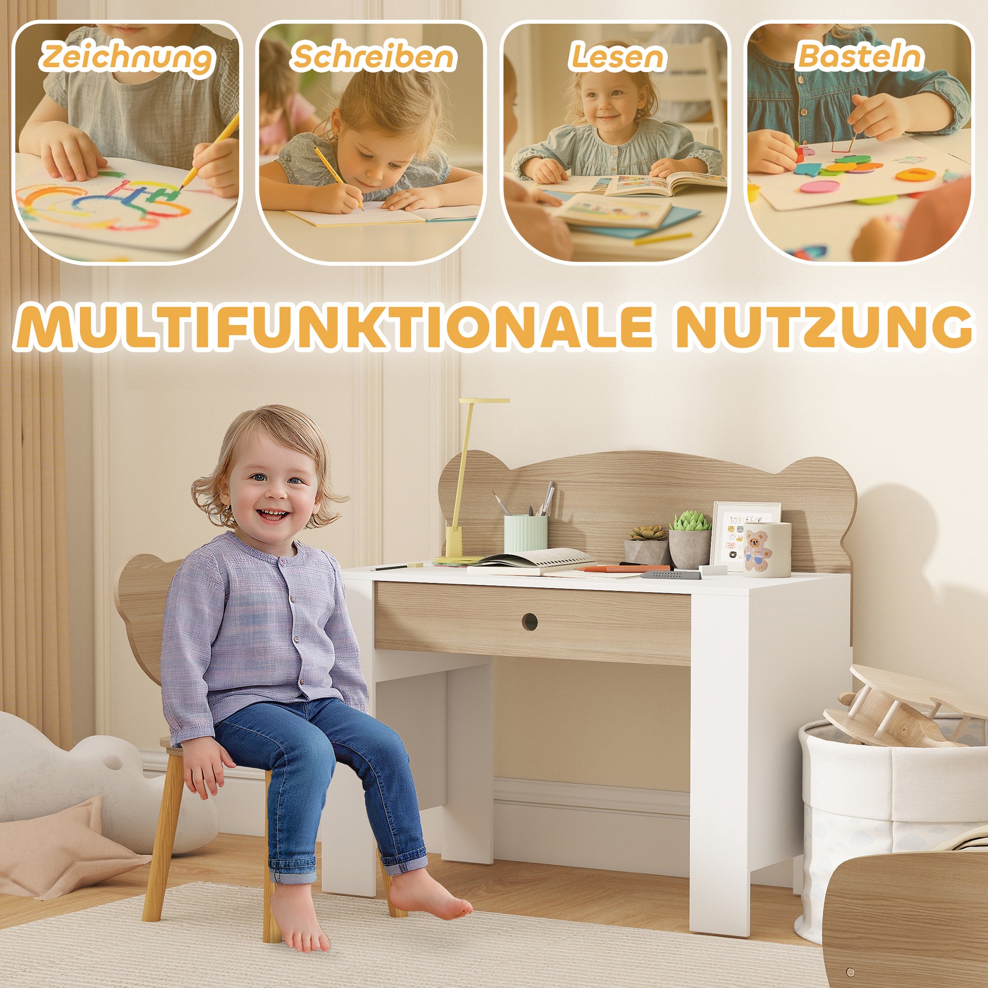 Children's Desk Set with Tabletop & Drawer Children's Desk and Chair with Bear Shape Student Desk Kids' Table Youth Desk for Boys & Girls Natural Wood