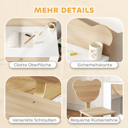 Children's Desk Set with Tabletop & Drawer Children's Desk and Chair with Bear Shape Student Desk Kids' Table Youth Desk for Boys & Girls Natural Wood