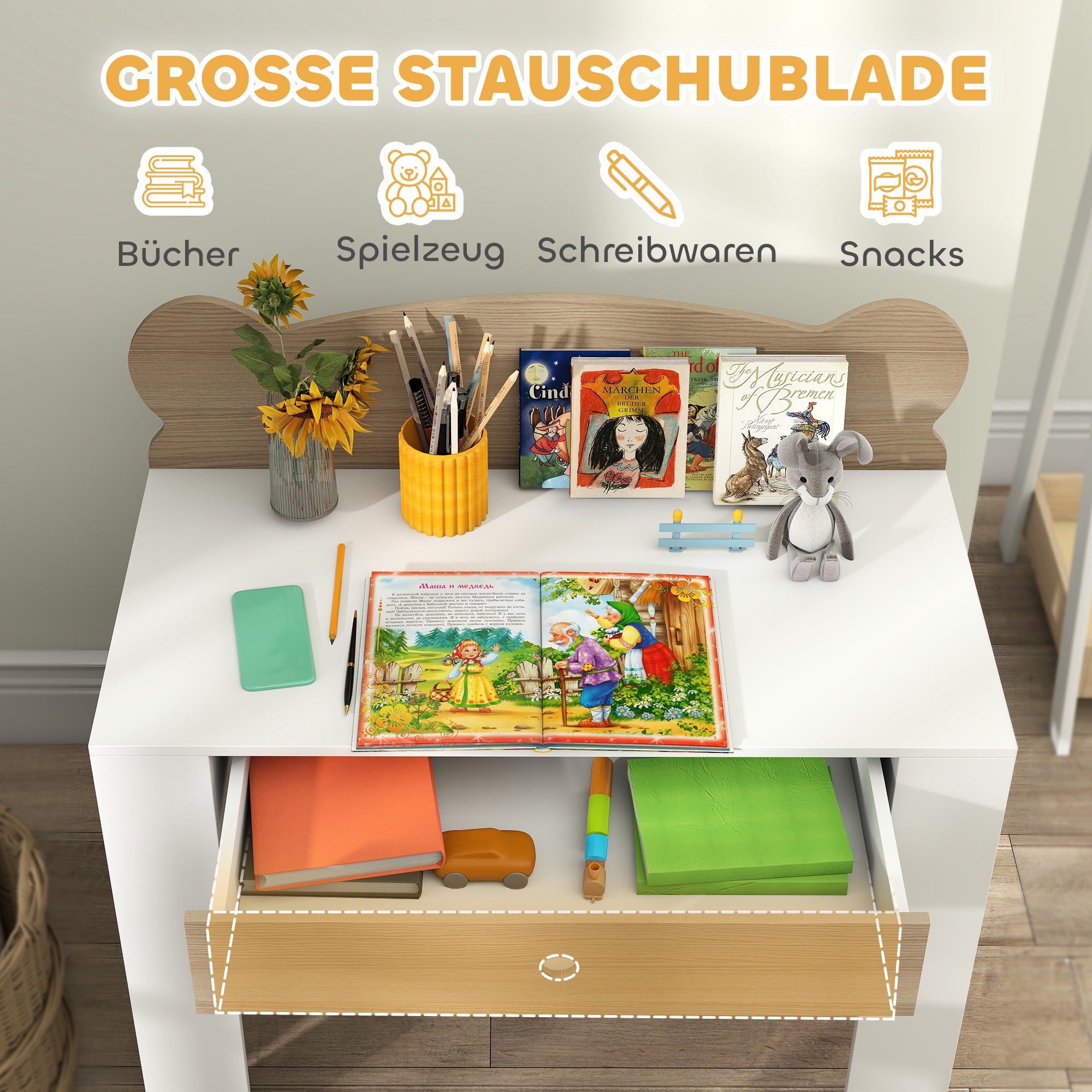 Children's Desk Set with Tabletop & Drawer Children's Desk and Chair with Bear Shape Student Desk Kids' Table Youth Desk for Boys & Girls Natural Wood