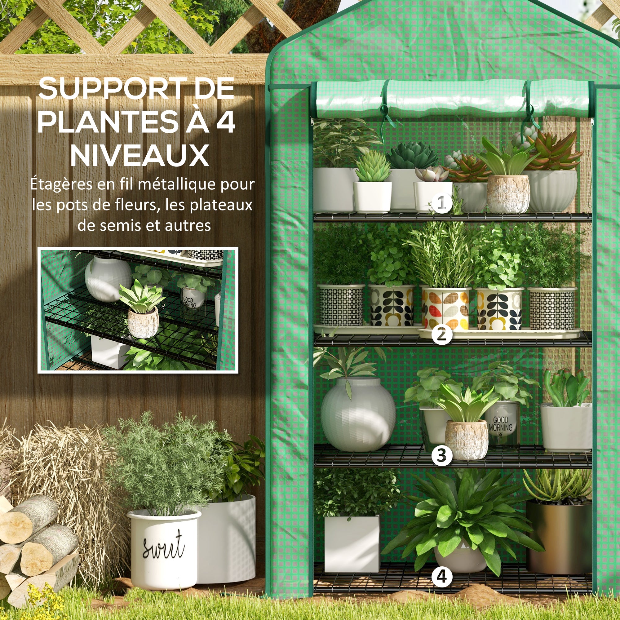 PE Garden Greenhouse with 4-Tier Shelves, Balcony Greenhouse, Reinforced 135 g/m² Tarpaulin, Steel Frame, Roll-Up Zipper Door, for Vegetables Plants Flowers, 90 x 49 x 160 cm, Green