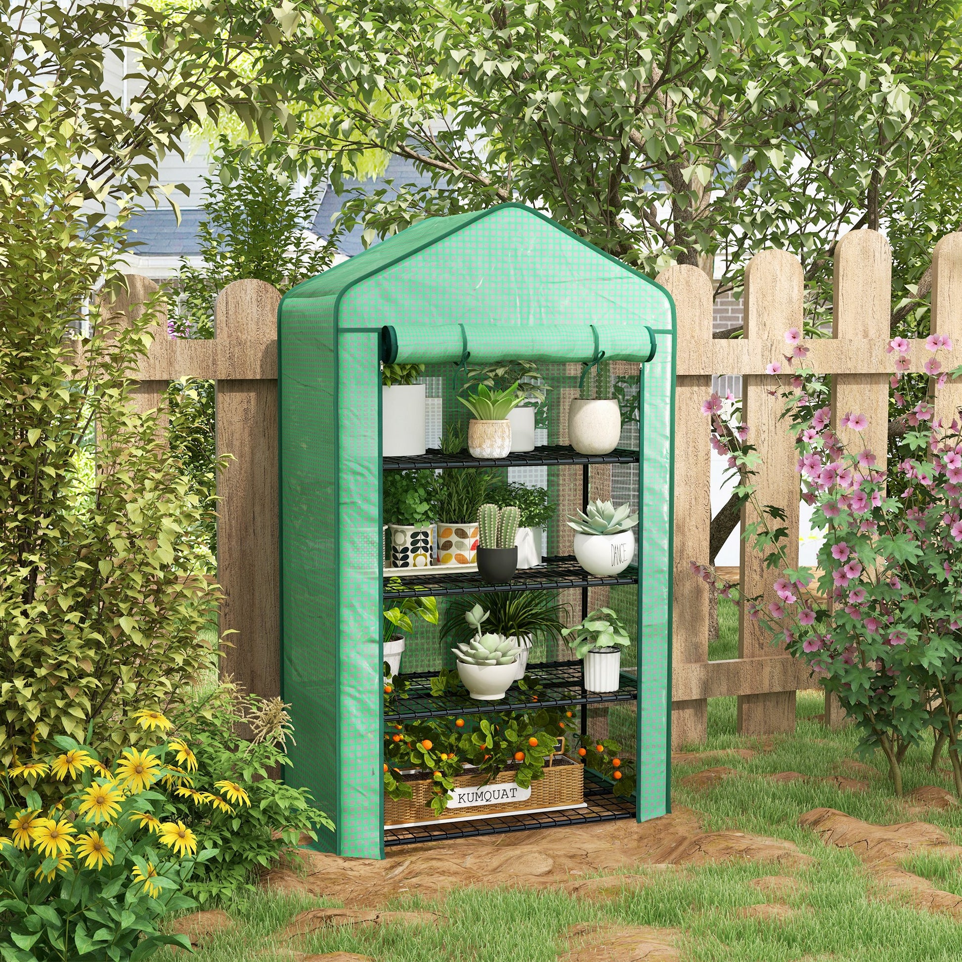 PE Garden Greenhouse with 4-Tier Shelves, Balcony Greenhouse, Reinforced 135 g/m² Tarpaulin, Steel Frame, Roll-Up Zipper Door, for Vegetables Plants Flowers, 90 x 49 x 160 cm, Green