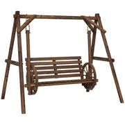 2-Seater Wooden Garden Swing with Cart Wheels Armrests - 200L x 137W x 167H cm