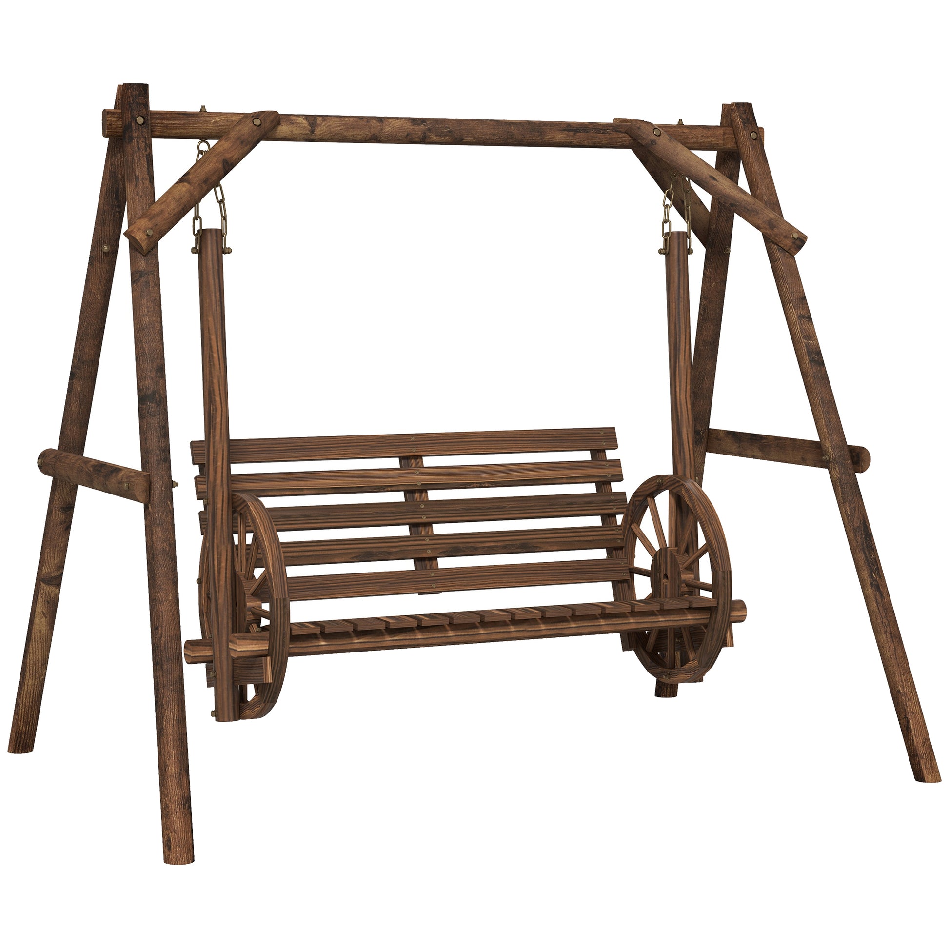 2-Seater Wooden Garden Swing with Cart Wheels Armrests - 200L x 137W x 167H cm