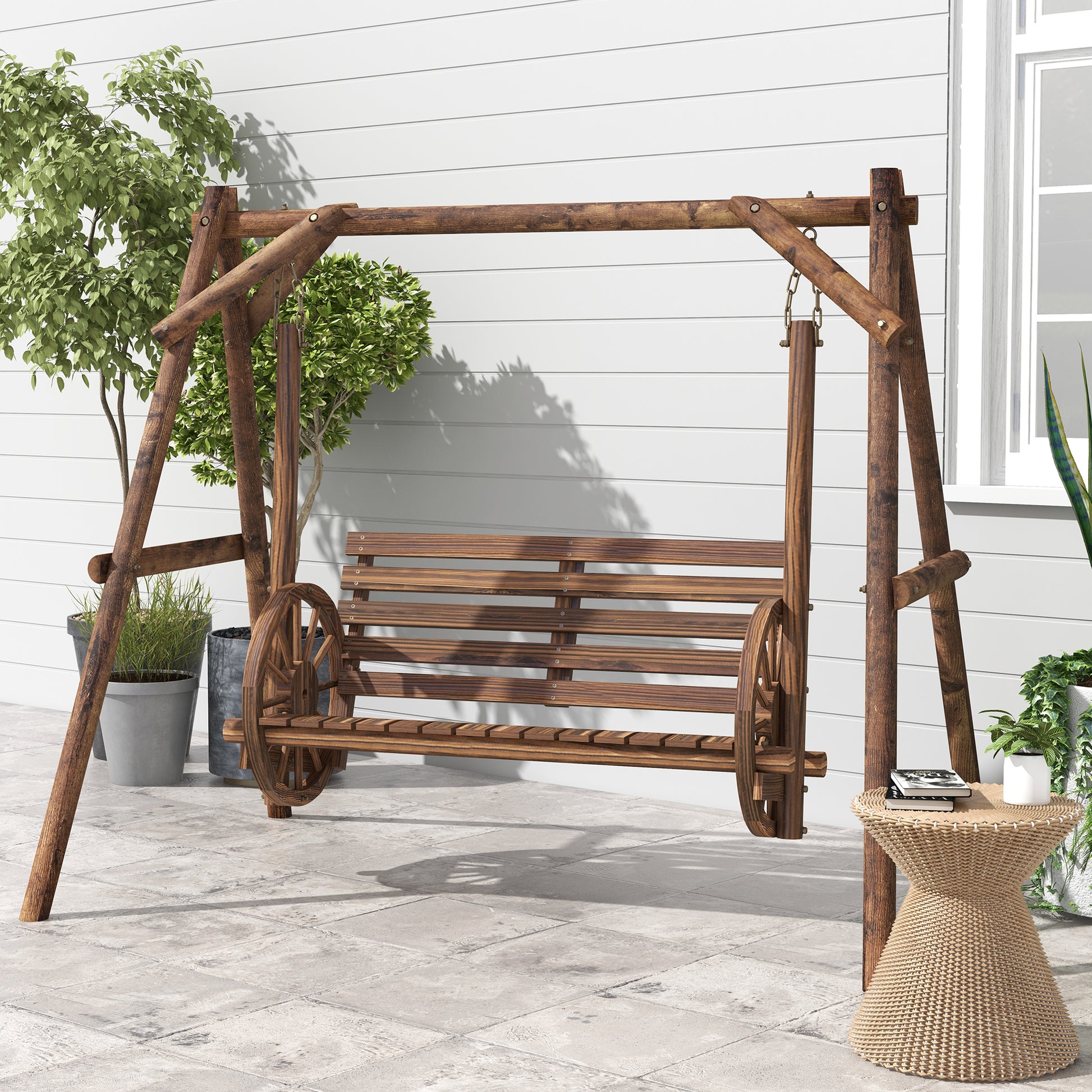 2-Seater Wooden Garden Swing with Cart Wheels Armrests - 200L x 137W x 167H cm