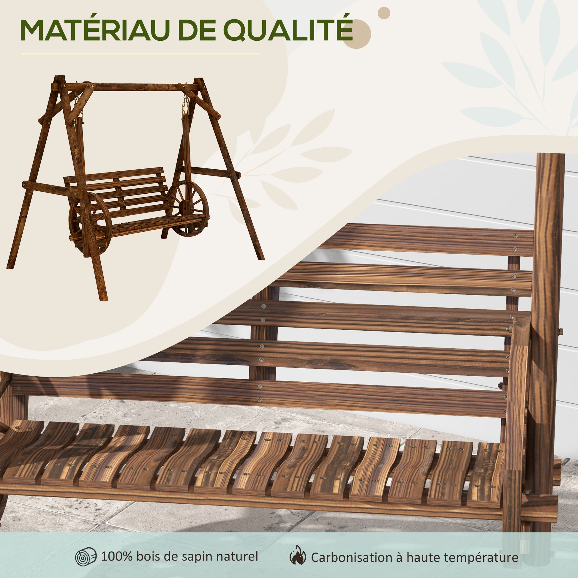 2-Seater Wooden Garden Swing with Cart Wheels Armrests - 200L x 137W x 167H cm