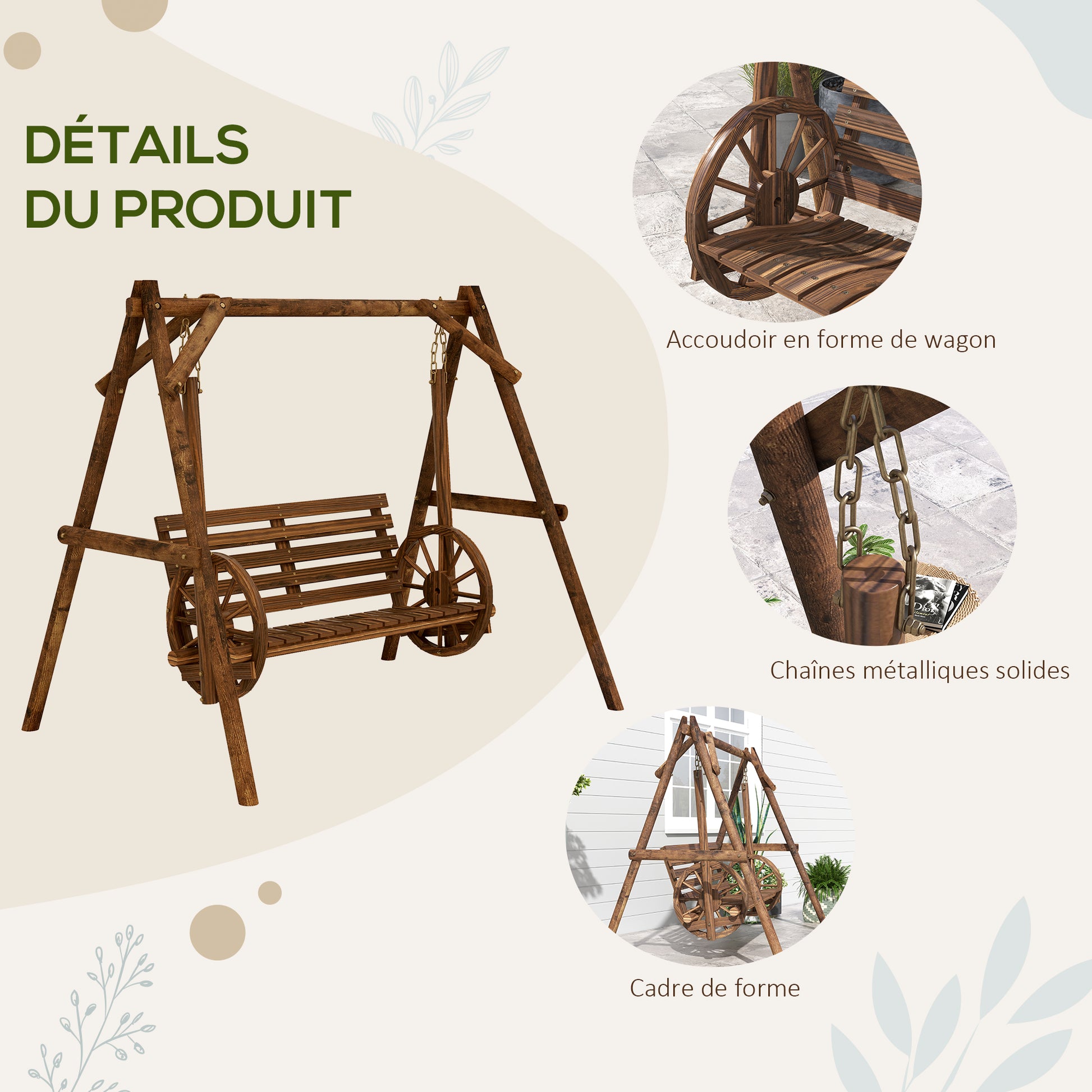 2-Seater Wooden Garden Swing with Cart Wheels Armrests - 200L x 137W x 167H cm