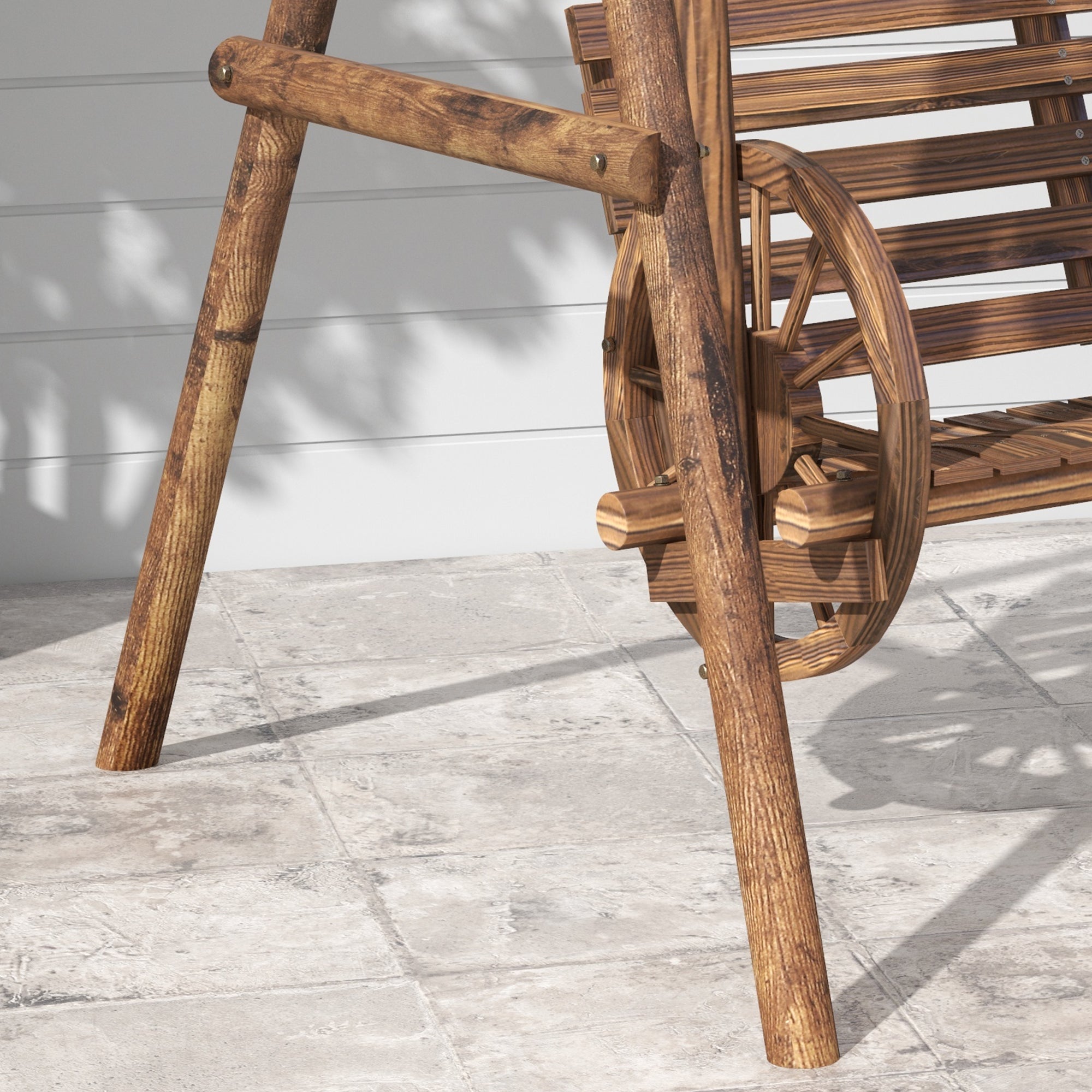 2-Seater Wooden Garden Swing with Cart Wheels Armrests - 200L x 137W x 167H cm