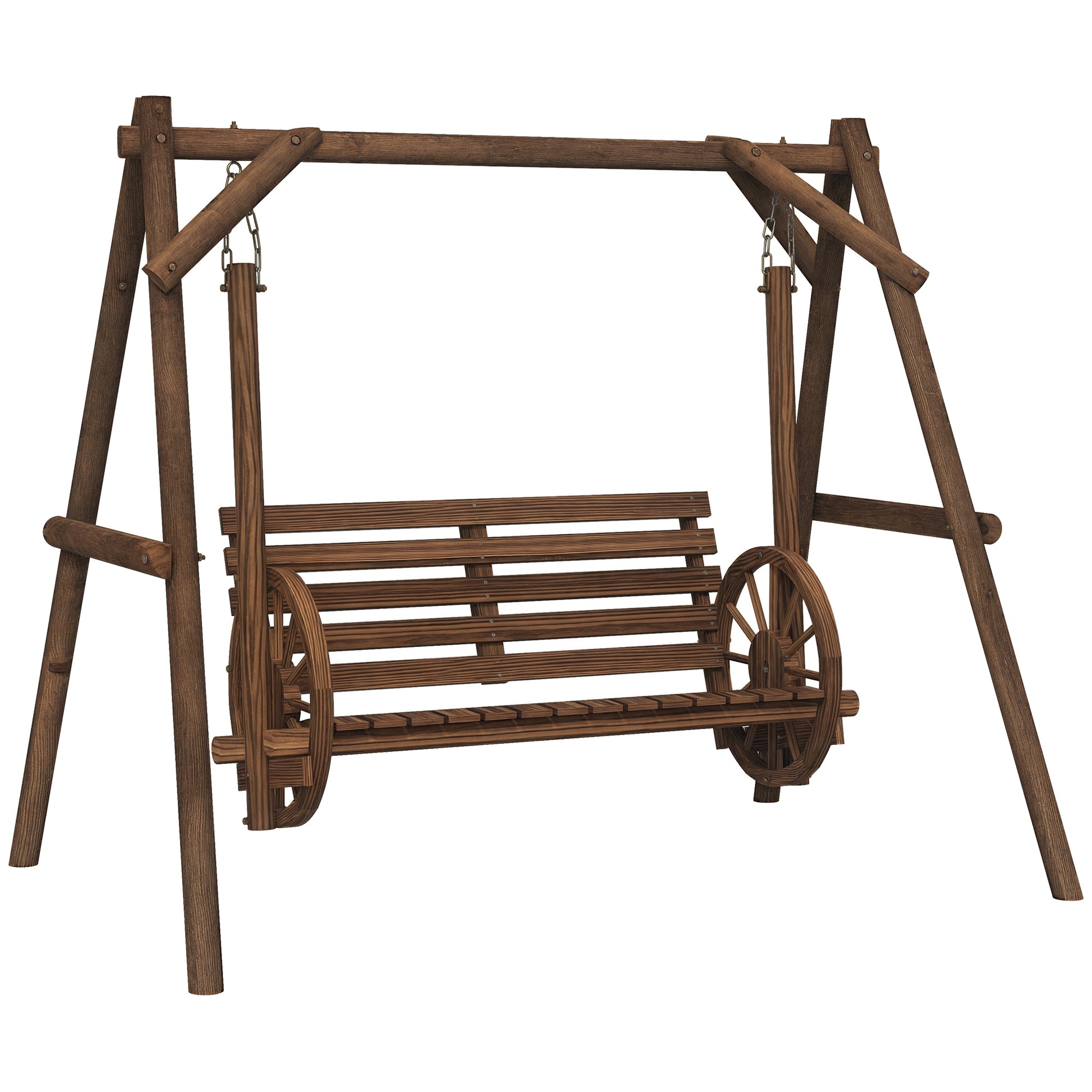 2-Seater Wooden Garden Swing with Cart Wheels Armrests - 200L x 137W x 167H cm