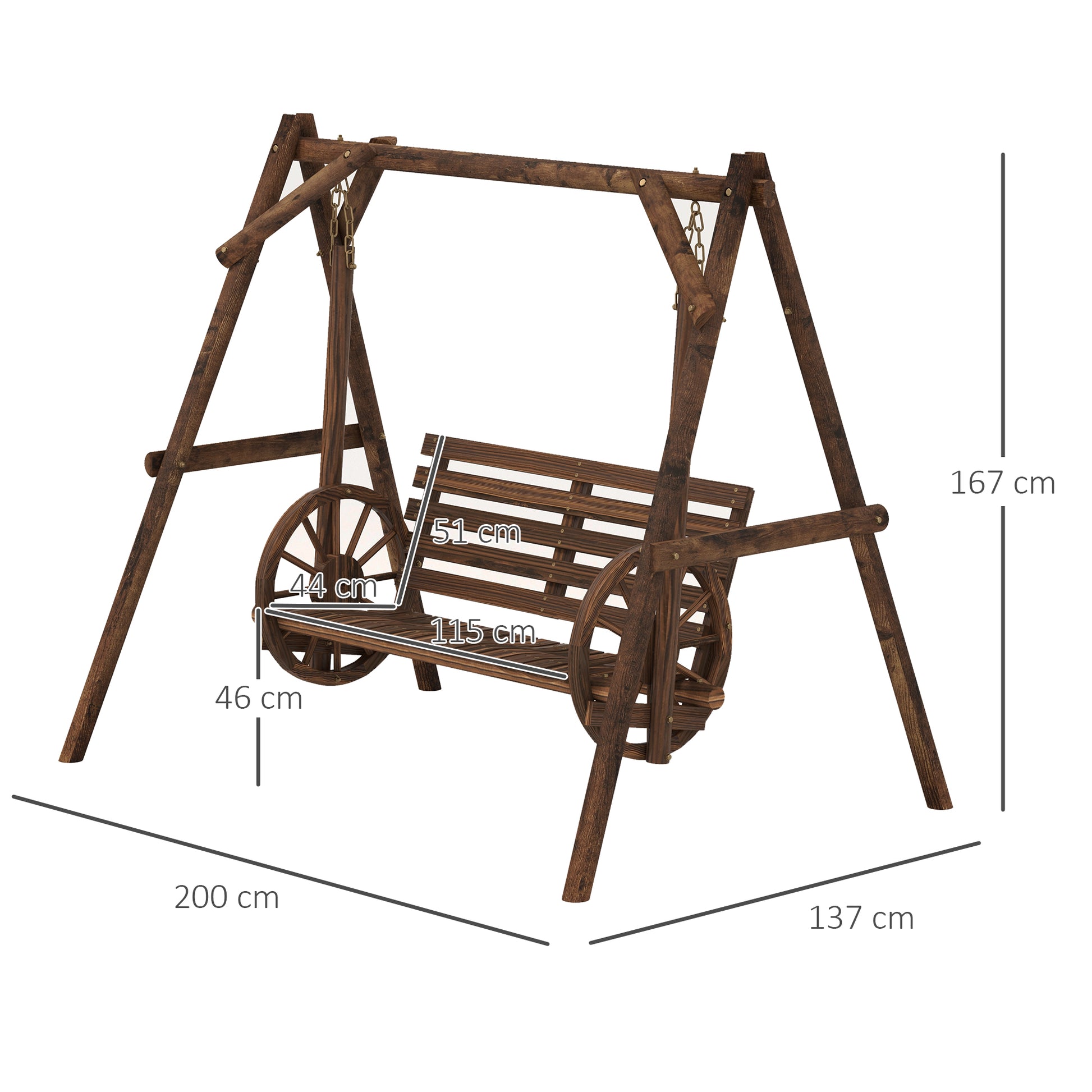 2-Seater Wooden Garden Swing with Cart Wheels Armrests - 200L x 137W x 167H cm