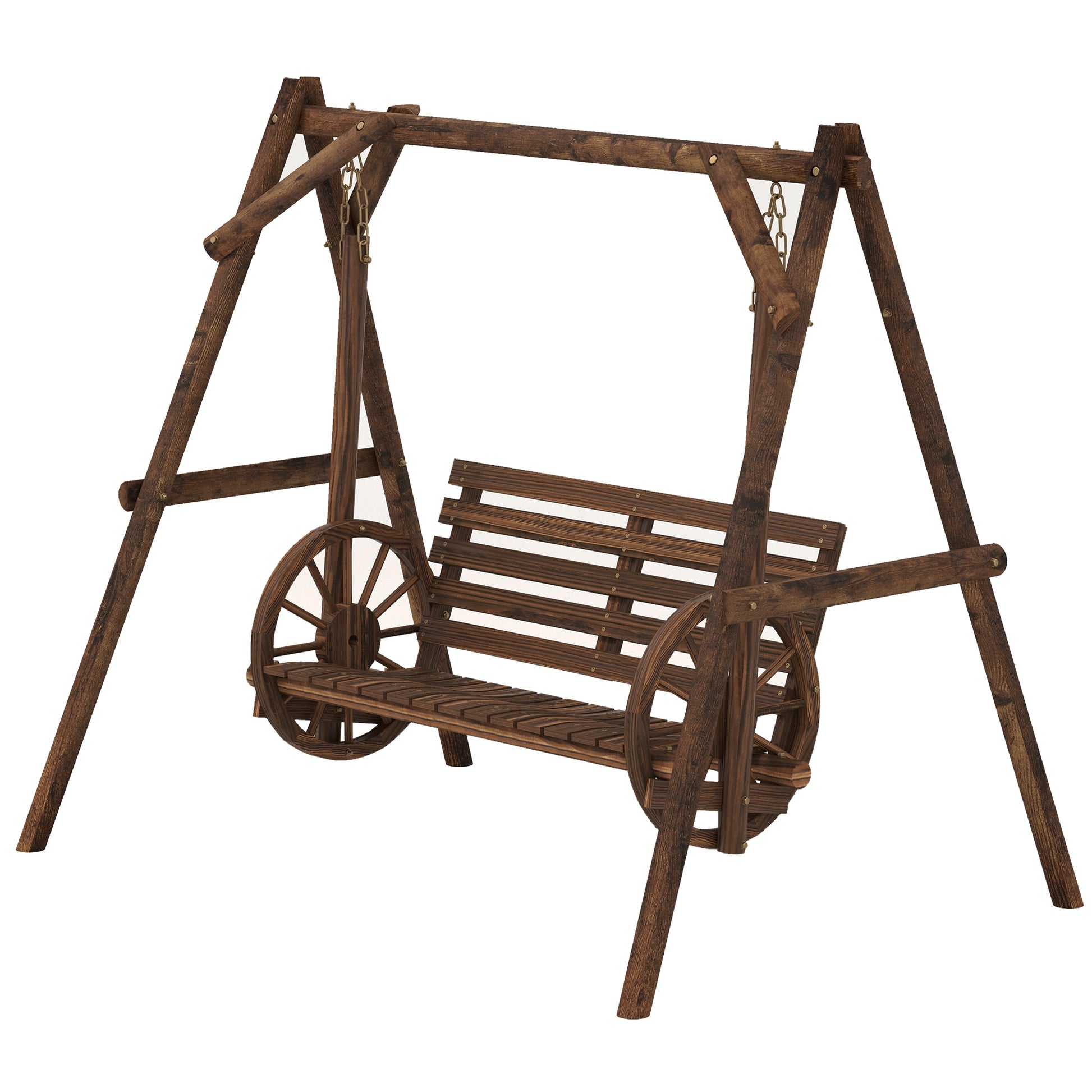 2-Seater Wooden Garden Swing with Cart Wheels Armrests - 200L x 137W x 167H cm