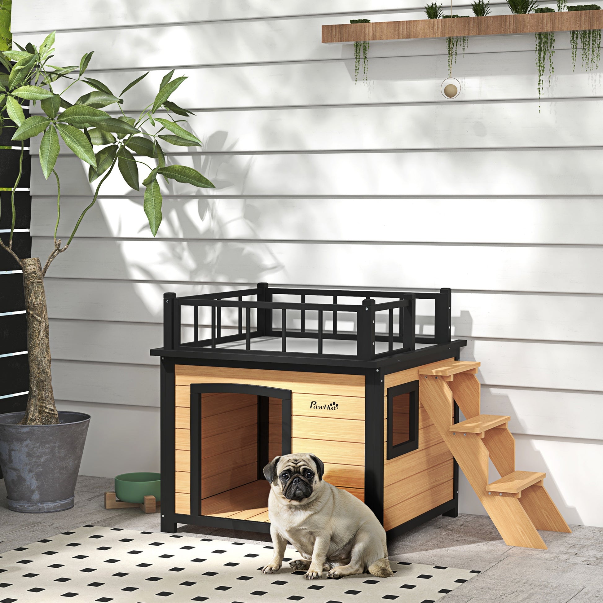 Dog House with Balcony, Elevated Pet House with Stairs, Window, Dog Cave for Small to Medium Dogs, Pine Wood, Yellow, 121 x 77 x 78 cm