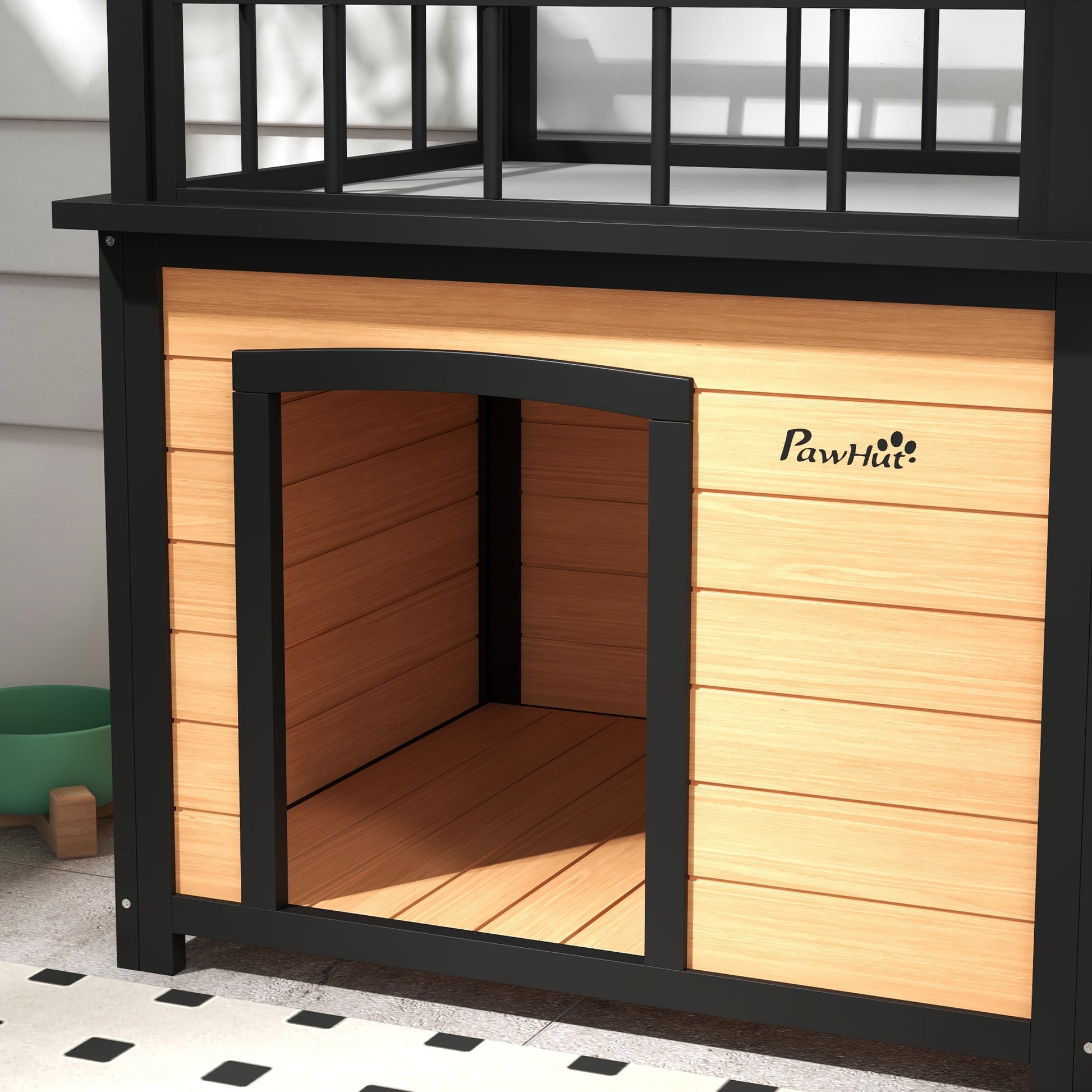 Dog House with Balcony, Elevated Pet House with Stairs, Window, Dog Cave for Small to Medium Dogs, Pine Wood, Yellow, 121 x 77 x 78 cm