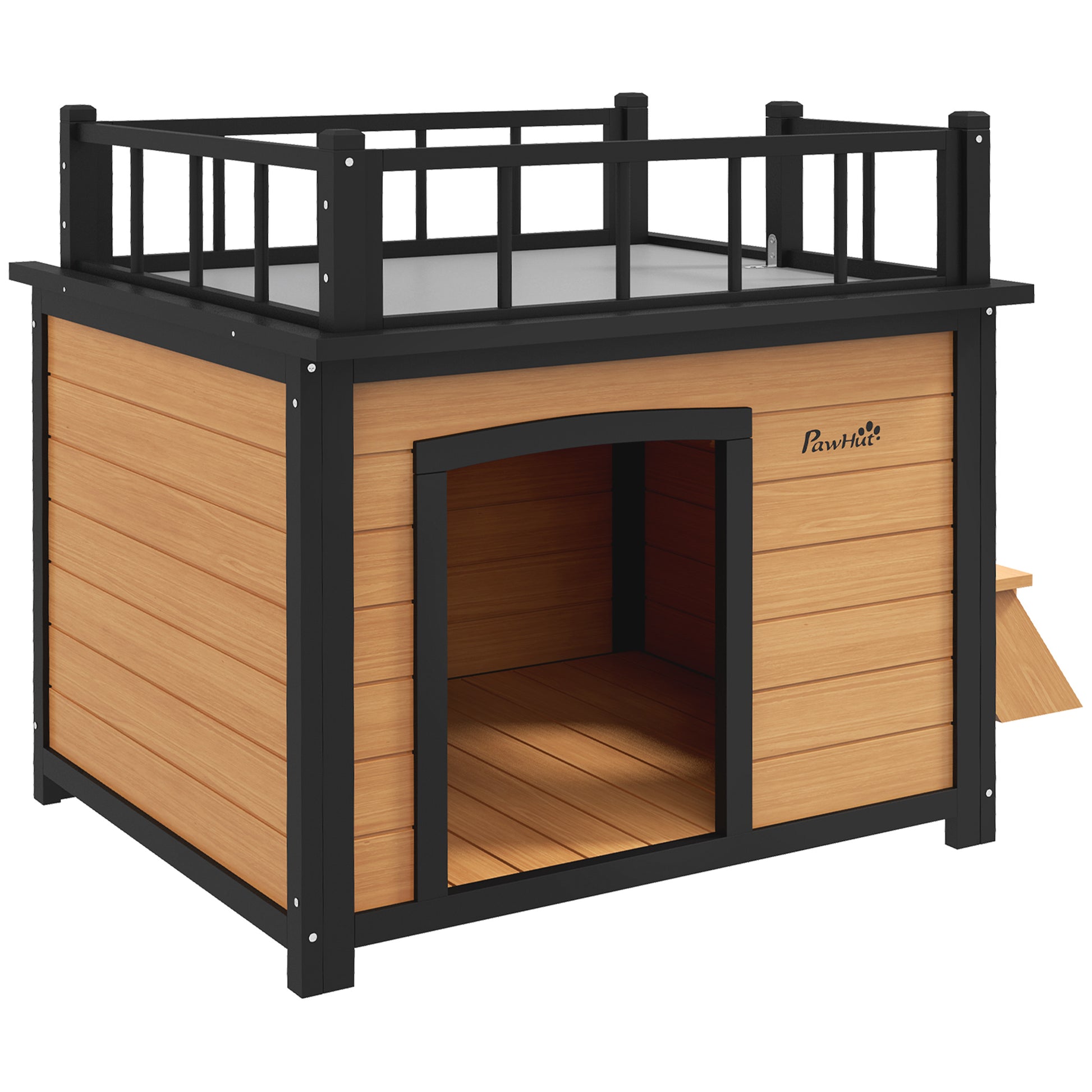Dog House with Balcony, Elevated Pet House with Stairs, Window, Dog Cave for Small to Medium Dogs, Pine Wood, Yellow, 121 x 77 x 78 cm
