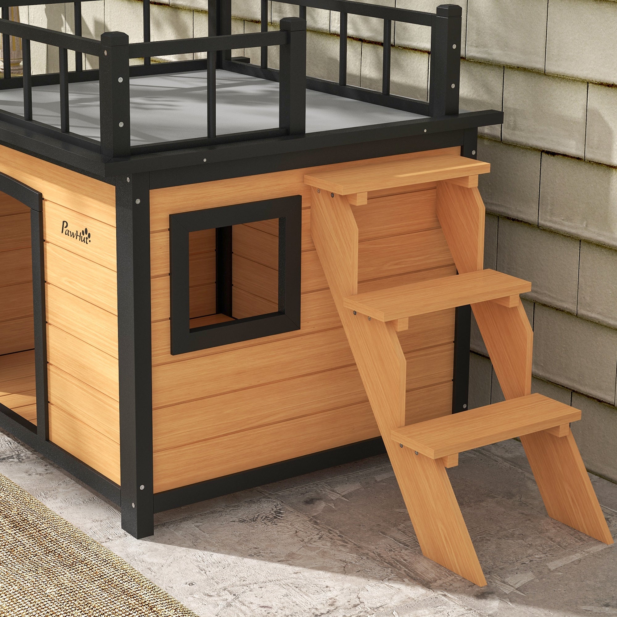 Dog House with Balcony, Elevated Pet House with Stairs, Window, Dog Cave for Small to Medium Dogs, Pine Wood, Yellow, 121 x 77 x 78 cm