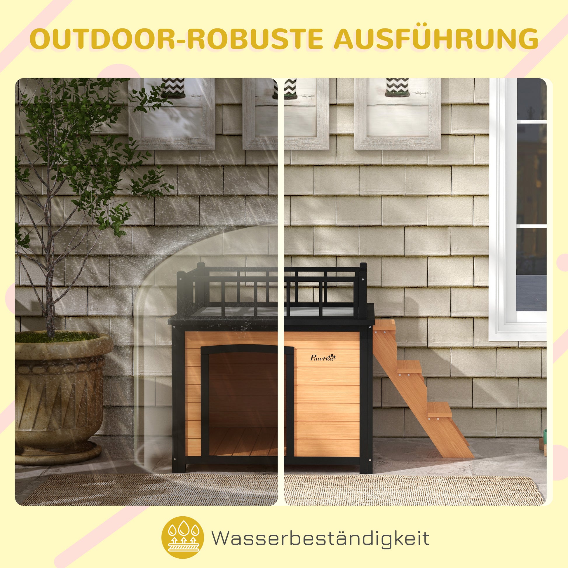 Dog House with Balcony, Elevated Pet House with Stairs, Window, Dog Cave for Small to Medium Dogs, Pine Wood, Yellow, 121 x 77 x 78 cm