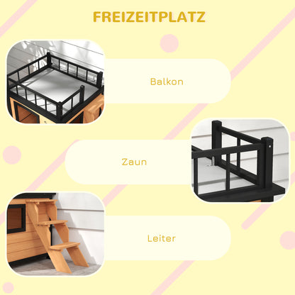 Dog House with Balcony, Elevated Pet House with Stairs, Window, Dog Cave for Small to Medium Dogs, Pine Wood, Yellow, 121 x 77 x 78 cm