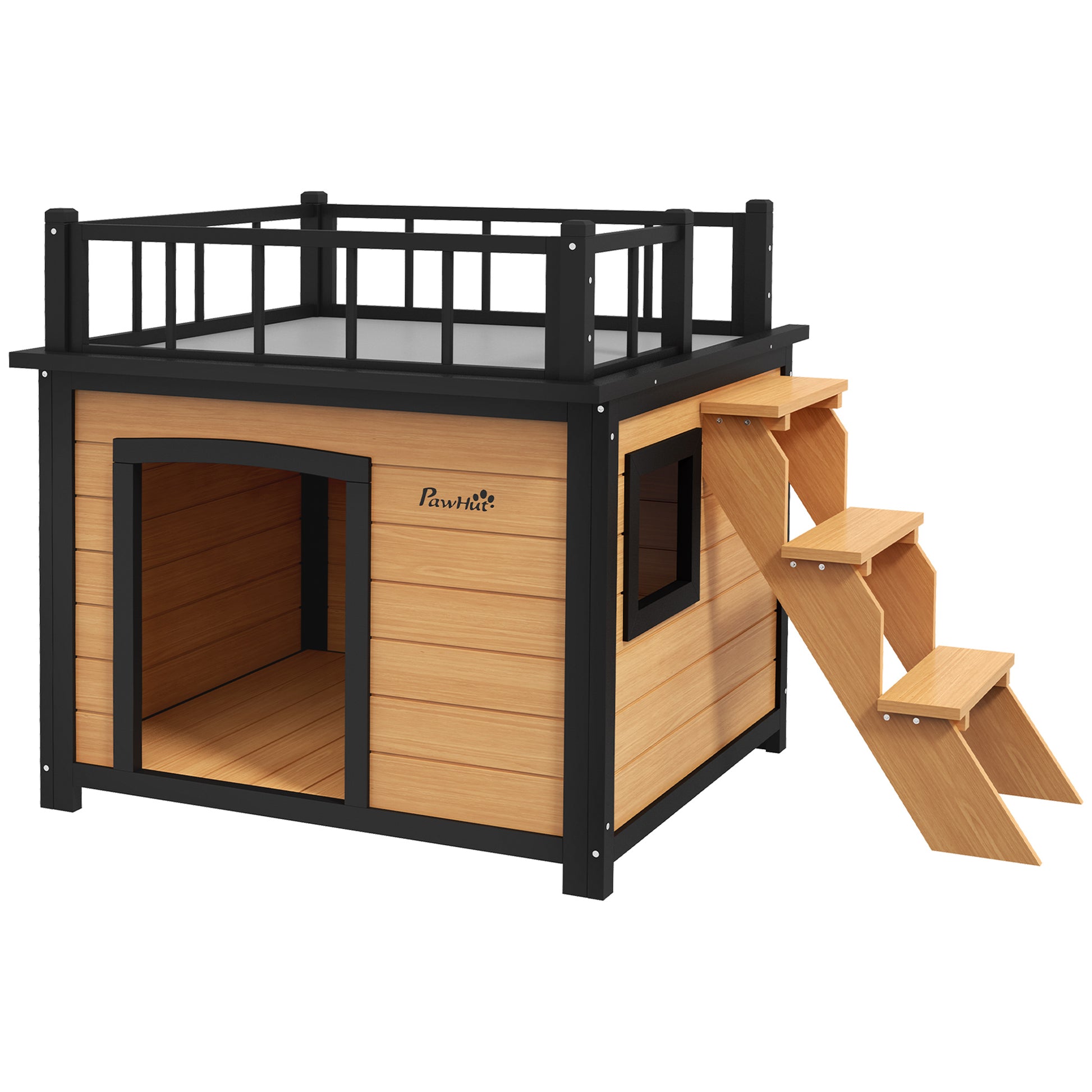 Dog House with Balcony, Elevated Pet House with Stairs, Window, Dog Cave for Small to Medium Dogs, Pine Wood, Yellow, 121 x 77 x 78 cm