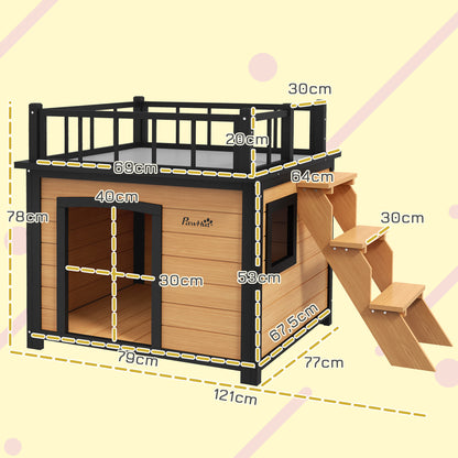 Dog House with Balcony, Elevated Pet House with Stairs, Window, Dog Cave for Small to Medium Dogs, Pine Wood, Yellow, 121 x 77 x 78 cm