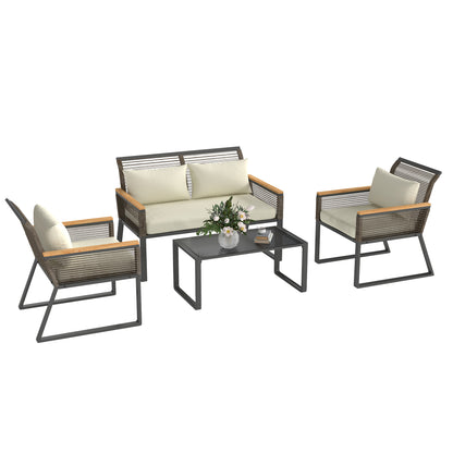 Poly Rattan Garden Furniture Set 4 Persons Weatherproof Balcony Furniture Set with 2-Seater Sofa, 2 Chairs Glass Table Cushions Outdoor Seating Group Garden Set Patio Furniture for Garden Balcony Gray+Beige