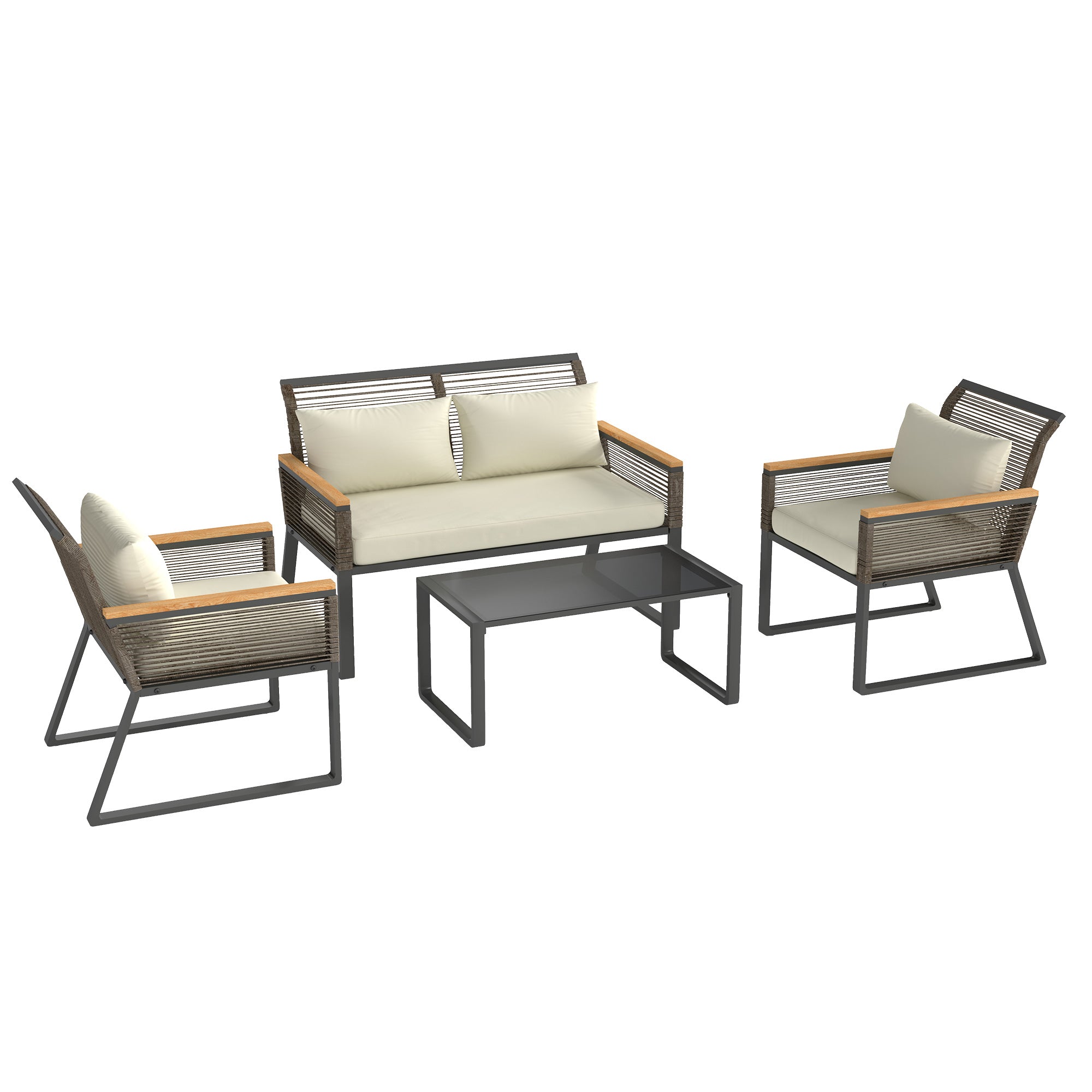 Poly Rattan Garden Furniture Set 4 Persons Weatherproof Balcony Furniture Set with 2-Seater Sofa, 2 Chairs Glass Table Cushions Outdoor Seating Group Garden Set Patio Furniture for Garden Balcony Gray+Beige