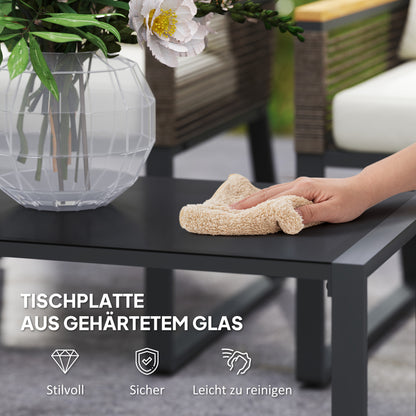 Poly Rattan Garden Furniture Set 4 Persons Weatherproof Balcony Furniture Set with 2-Seater Sofa, 2 Chairs Glass Table Cushions Outdoor Seating Group Garden Set Patio Furniture for Garden Balcony Gray+Beige