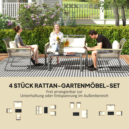 Poly Rattan Garden Furniture Set 4 Persons Weatherproof Balcony Furniture Set with 2-Seater Sofa, 2 Chairs Glass Table Cushions Outdoor Seating Group Garden Set Patio Furniture for Garden Balcony Gray+Beige