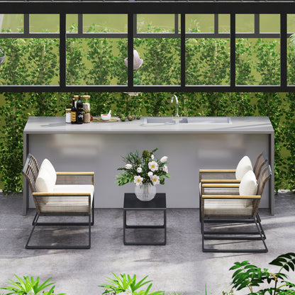 Poly Rattan Garden Furniture Set 4 Persons Weatherproof Balcony Furniture Set with 2-Seater Sofa, 2 Chairs Glass Table Cushions Outdoor Seating Group Garden Set Patio Furniture for Garden Balcony Gray+Beige