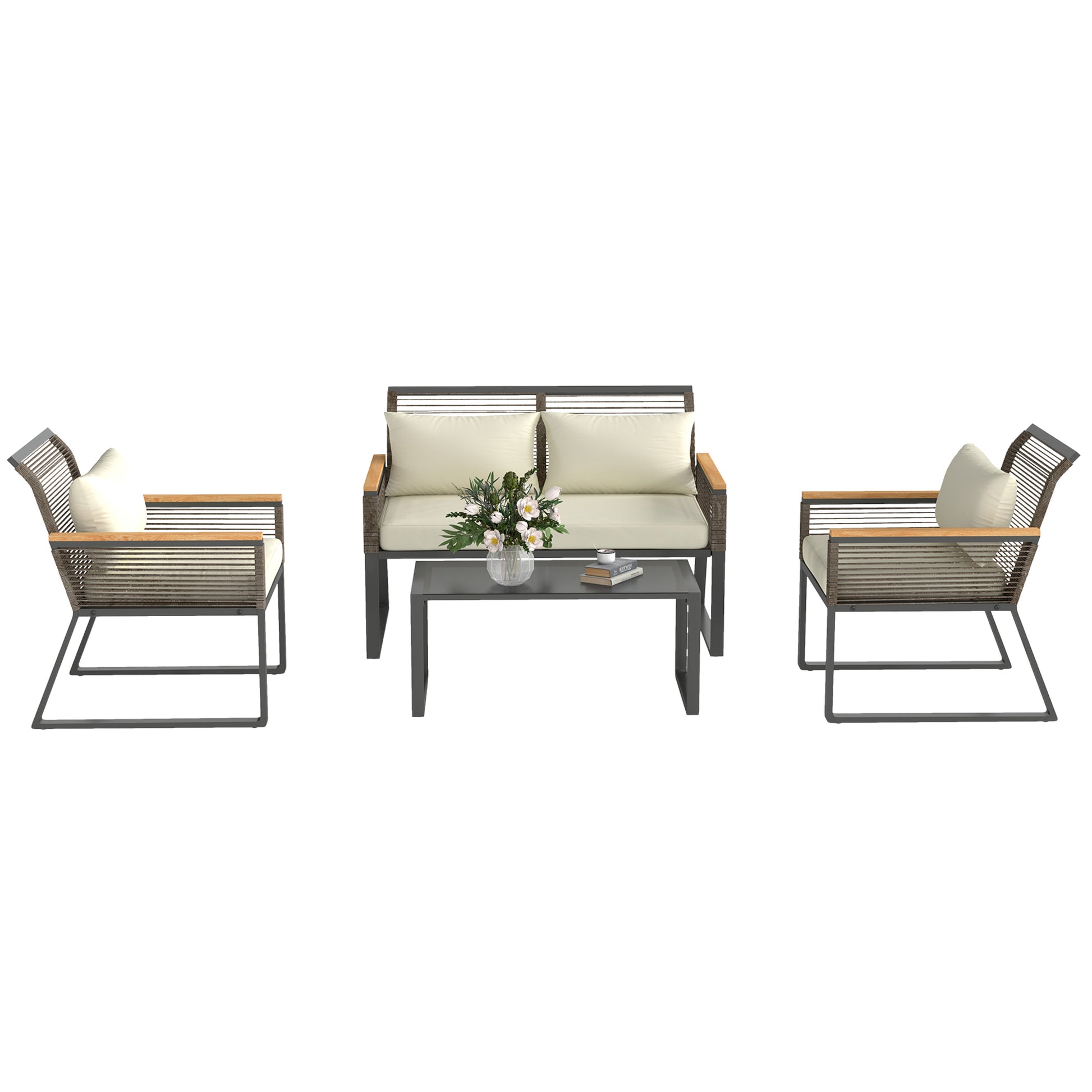 Poly Rattan Garden Furniture Set 4 Persons Weatherproof Balcony Furniture Set with 2-Seater Sofa, 2 Chairs Glass Table Cushions Outdoor Seating Group Garden Set Patio Furniture for Garden Balcony Gray+Beige