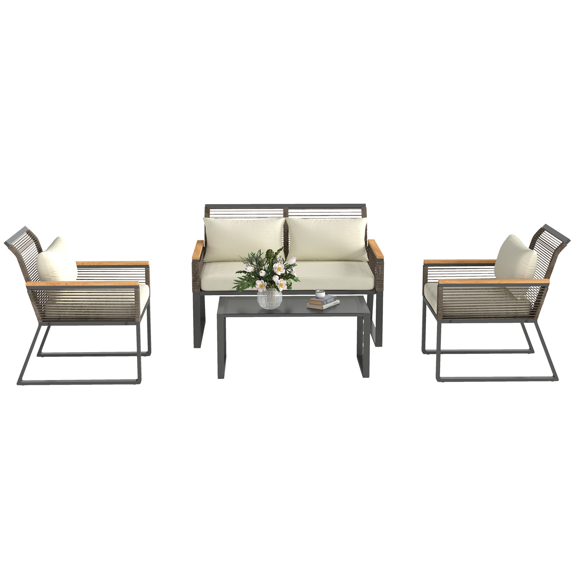 Poly Rattan Garden Furniture Set 4 Persons Weatherproof Balcony Furniture Set with 2-Seater Sofa, 2 Chairs Glass Table Cushions Outdoor Seating Group Garden Set Patio Furniture for Garden Balcony Gray+Beige
