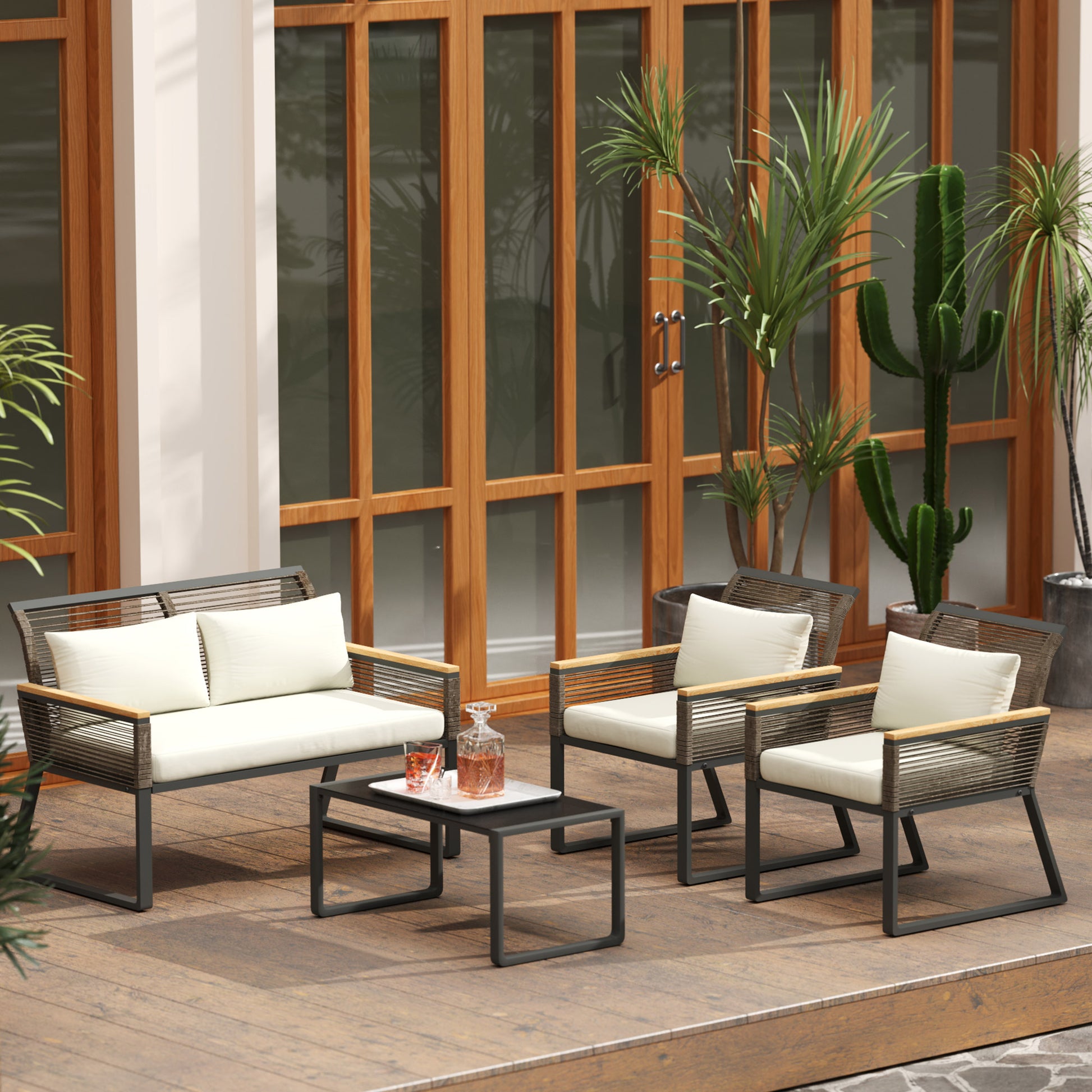 Poly Rattan Garden Furniture Set 4 Persons Weatherproof Balcony Furniture Set with 2-Seater Sofa, 2 Chairs Glass Table Cushions Outdoor Seating Group Garden Set Patio Furniture for Garden Balcony Gray+Beige