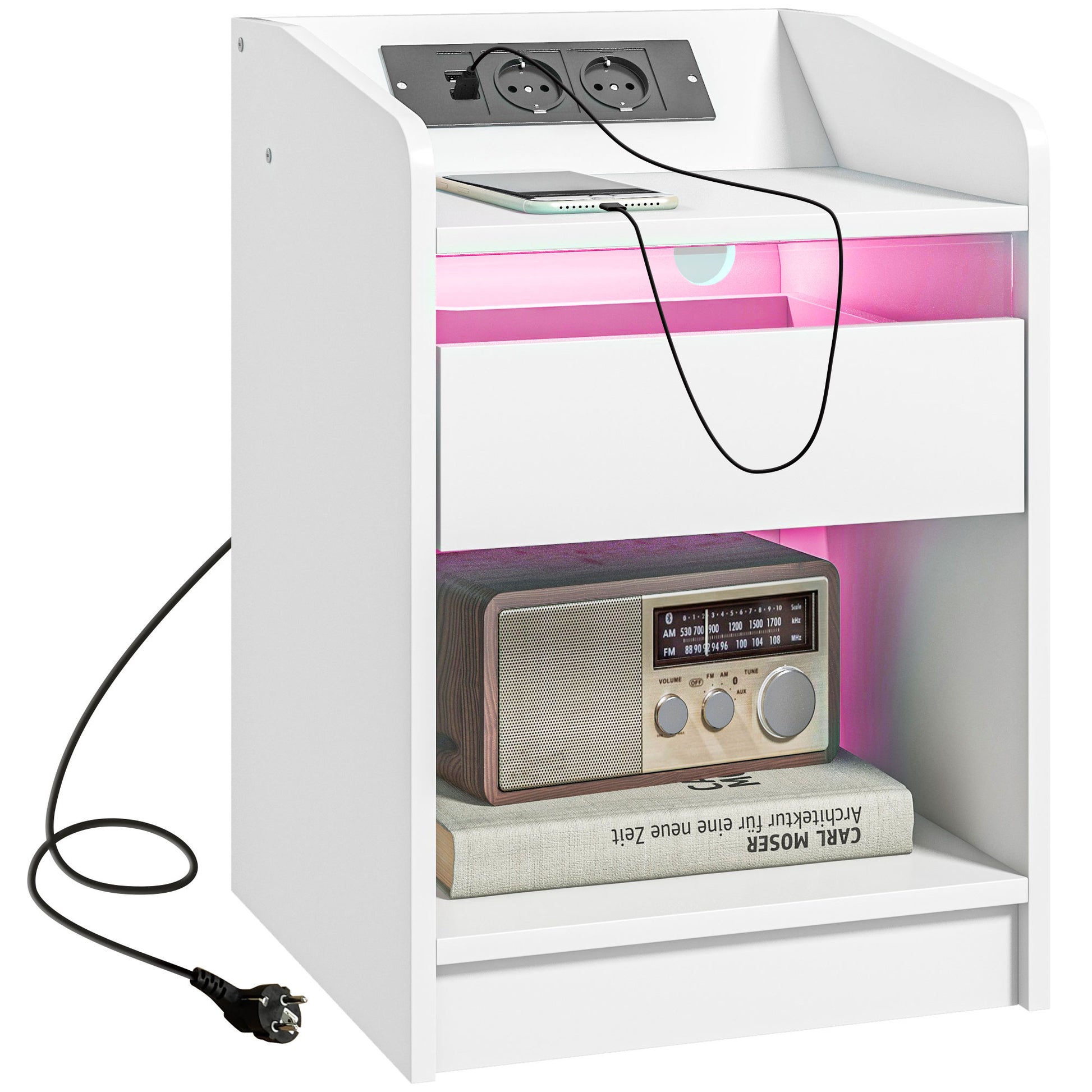 Bedside Table Nightstand with LED Lights, Drawer, Shelf, Charging Station, USB Ports, and Remote Control 40x40x58 cm White