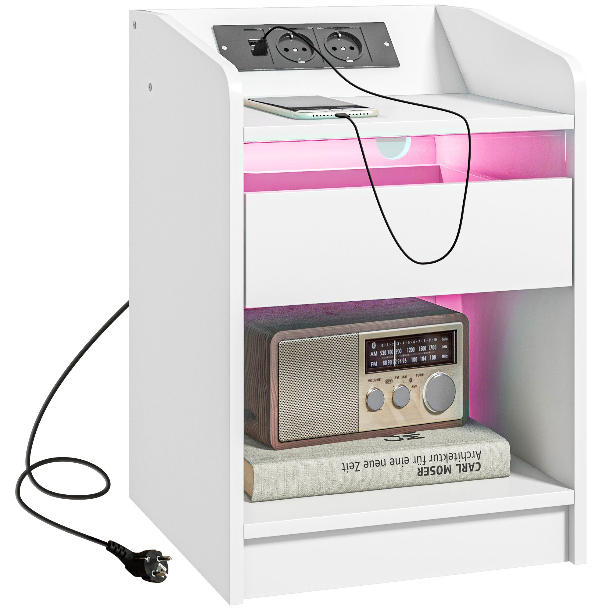 Bedside Table Nightstand with LED Lights, Drawer, Shelf, Charging Station, USB Ports, and Remote Control 40x40x58 cm White