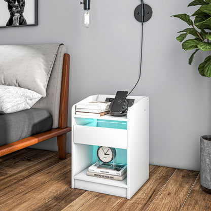Bedside Table Nightstand with LED Lights, Drawer, Shelf, Charging Station, USB Ports, and Remote Control 40x40x58 cm White