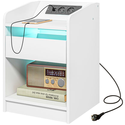 Bedside Table Nightstand with LED Lights, Drawer, Shelf, Charging Station, USB Ports, and Remote Control 40x40x58 cm White