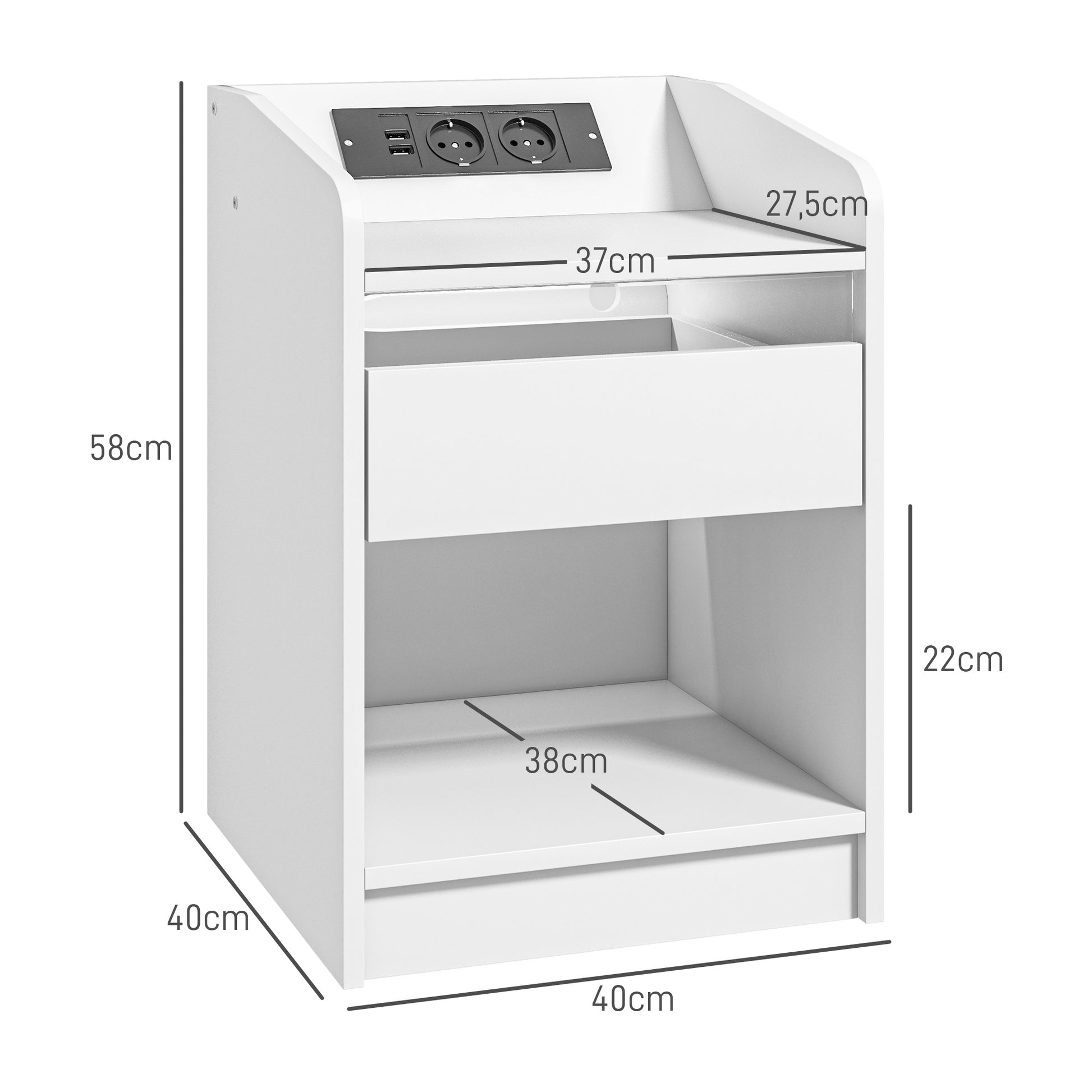 Bedside Table Nightstand with LED Lights, Drawer, Shelf, Charging Station, USB Ports, and Remote Control 40x40x58 cm White
