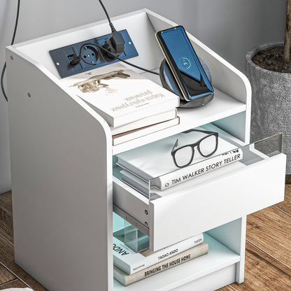 Bedside Table Nightstand with LED Lights, Drawer, Shelf, Charging Station, USB Ports, and Remote Control 40x40x58 cm White