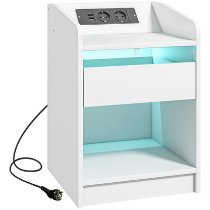 Bedside Table Nightstand with LED Lights, Drawer, Shelf, Charging Station, USB Ports, and Remote Control 40x40x58 cm White