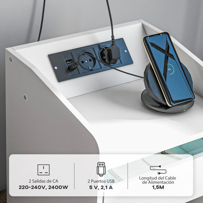 Bedside Table Nightstand with LED Lights, Drawer, Shelf, Charging Station, USB Ports, and Remote Control 40x40x58 cm White
