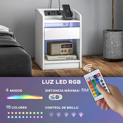 Bedside Table Nightstand with LED Lights, Drawer, Shelf, Charging Station, USB Ports, and Remote Control 40x40x58 cm White