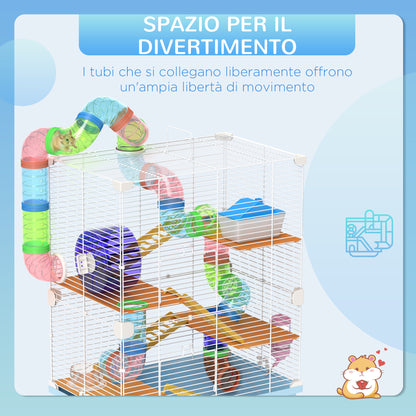 5-Level Hamster Cage with Tubes, Wheel, Ladder, House, and Bottle, Metal, PP, and PS, 46x30x58 cm, Blue
