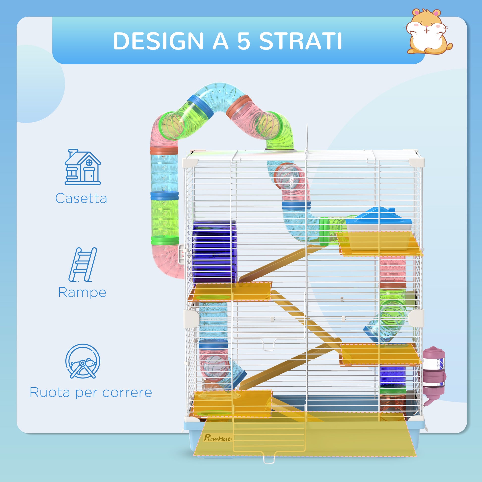 5-Level Hamster Cage with Tubes, Wheel, Ladder, House, and Bottle, Metal, PP, and PS, 46x30x58 cm, Blue