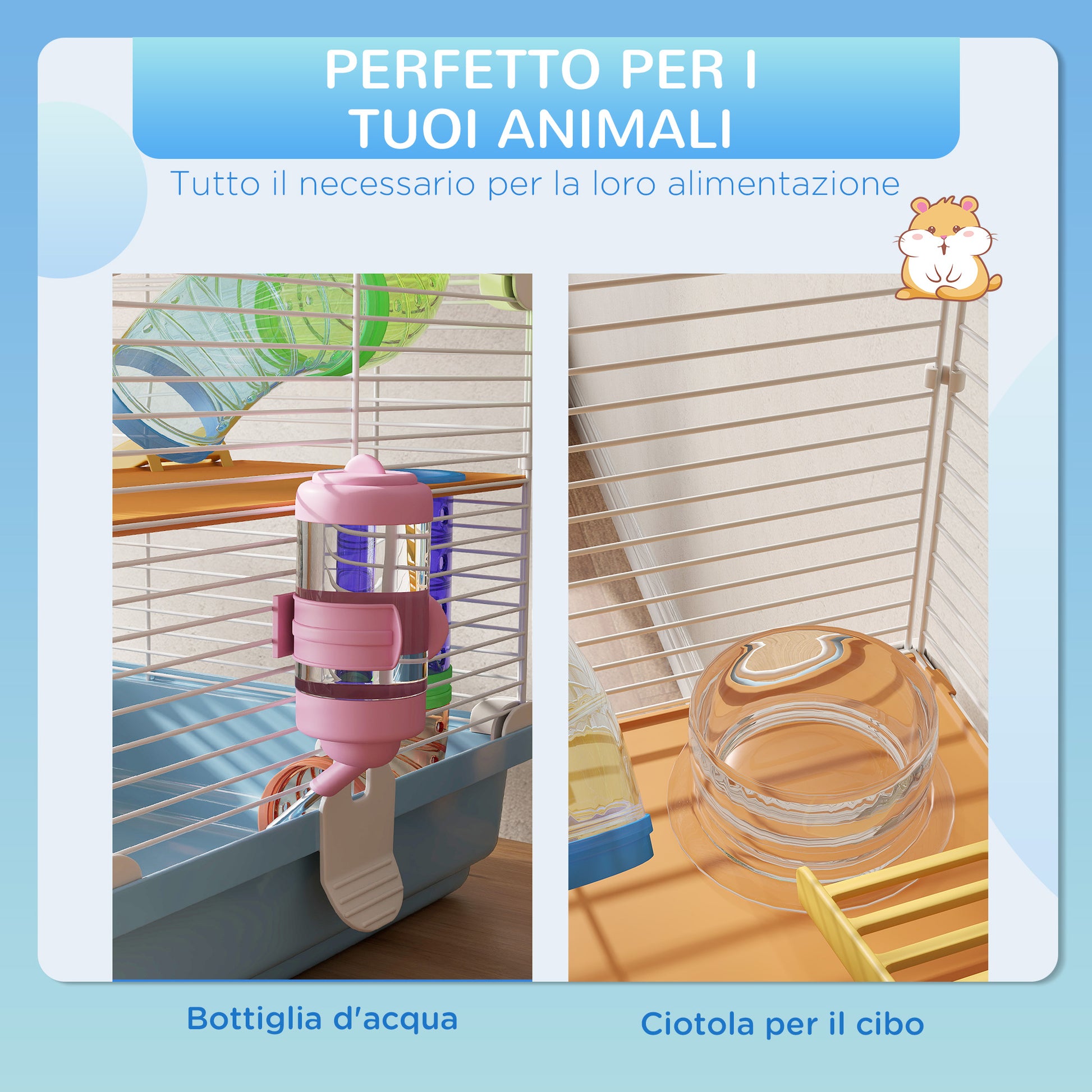 5-Level Hamster Cage with Tubes, Wheel, Ladder, House, and Bottle, Metal, PP, and PS, 46x30x58 cm, Blue