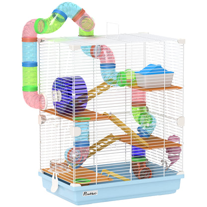 5-Level Hamster Cage with Tubes, Wheel, Ladder, House, and Bottle, Metal, PP, and PS, 46x30x58 cm, Blue