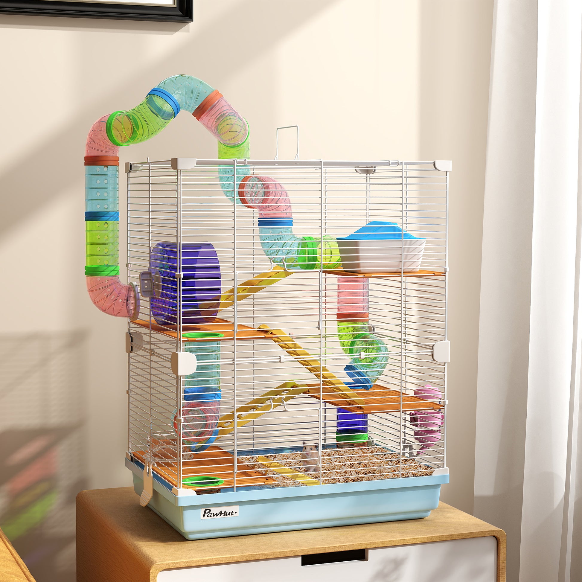 5-Level Hamster Cage with Tubes, Wheel, Ladder, House, and Bottle, Metal, PP, and PS, 46x30x58 cm, Blue
