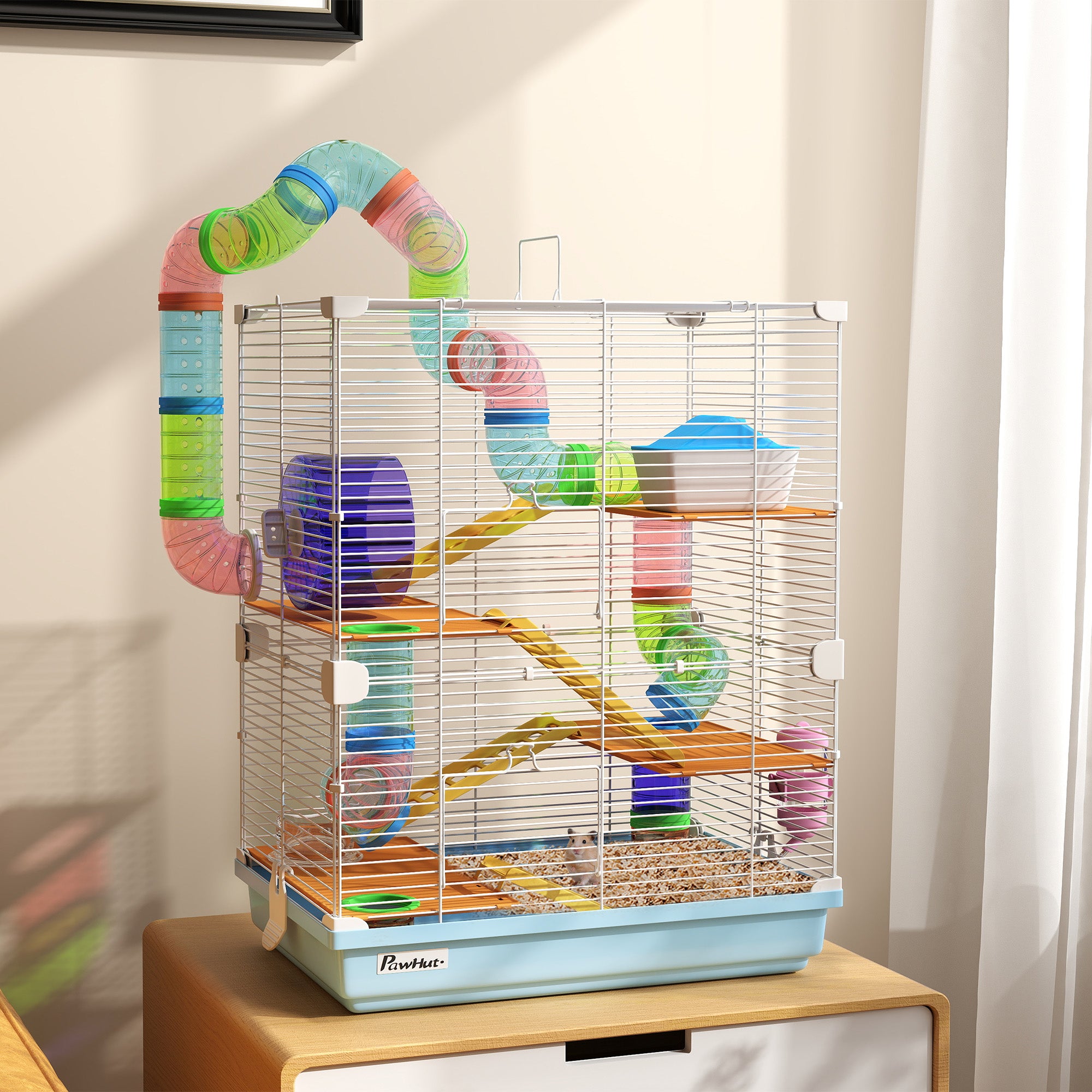 5-Level Hamster Cage with Tubes, Wheel, Ladder, House, and Bottle, Metal, PP, and PS, 46x30x58 cm, Blue
