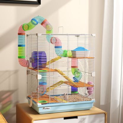 5-Level Hamster Cage with Tubes, Wheel, Ladder, House, and Bottle, Metal, PP, and PS, 46x30x58 cm, Blue