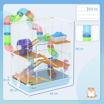 5-Level Hamster Cage with Tubes, Wheel, Ladder, House, and Bottle, Metal, PP, and PS, 46x30x58 cm, Blue
