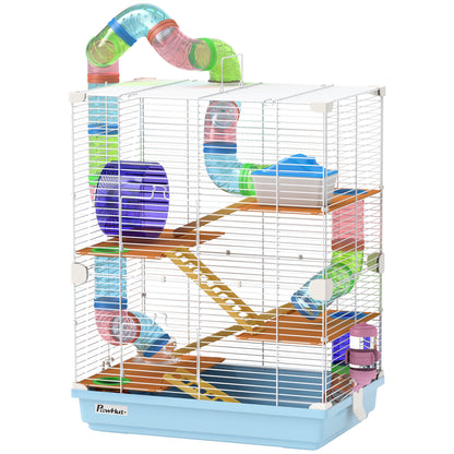 5-Level Hamster Cage with Tubes, Wheel, Ladder, House, and Bottle, Metal, PP, and PS, 46x30x58 cm, Blue