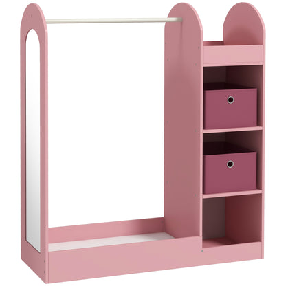 Children's Coat Rack with Shelves, Boxes, and Mirror, Wooden Wardrobe for Kids' Room and Entryway, Pink